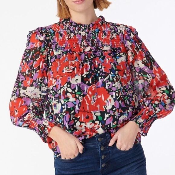 J.Crew Smocked popover top in Lurex dot Floral size XS - Picture 1 of 9